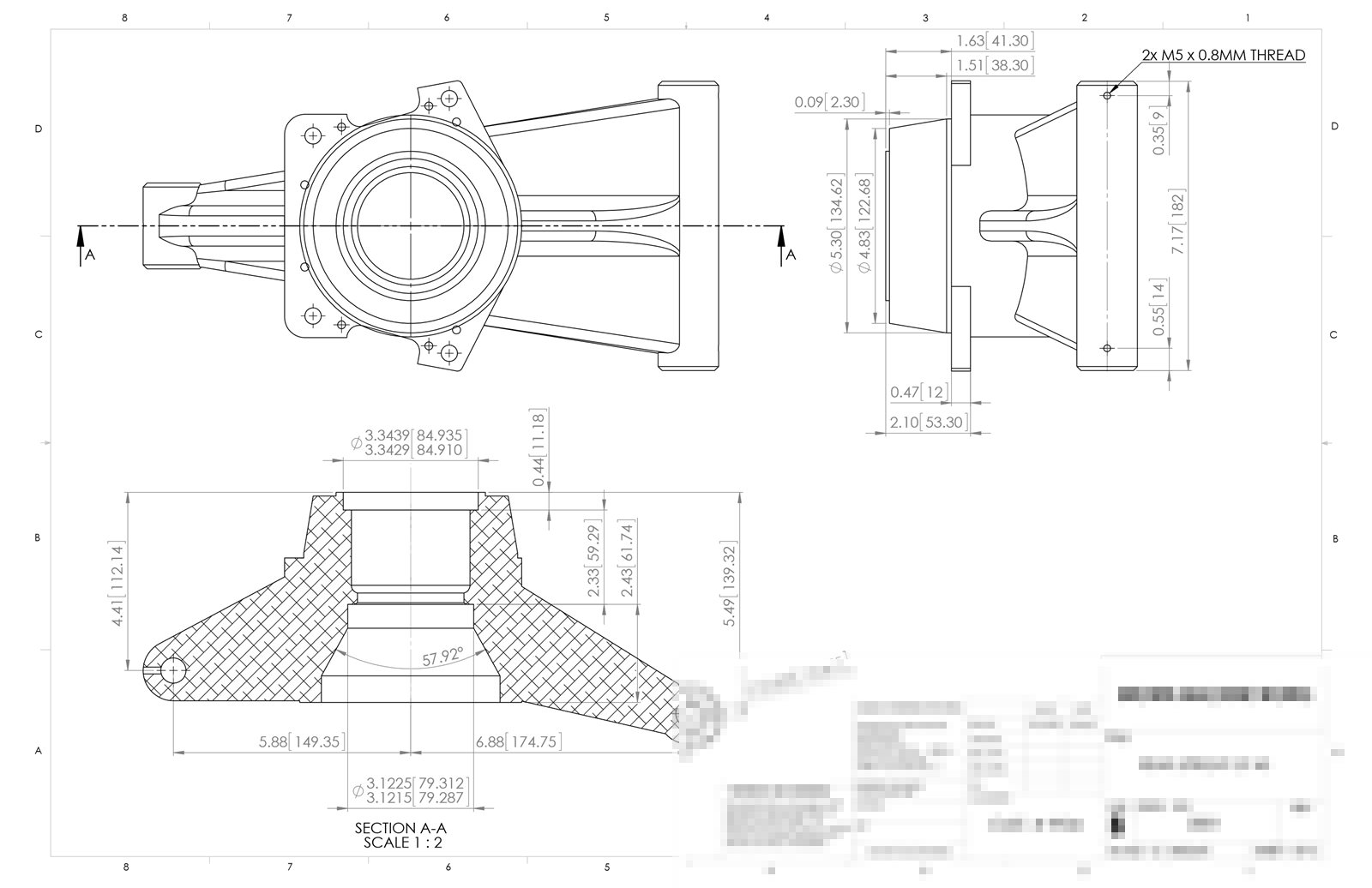 Multi-view engineering machining drawing of a custom part